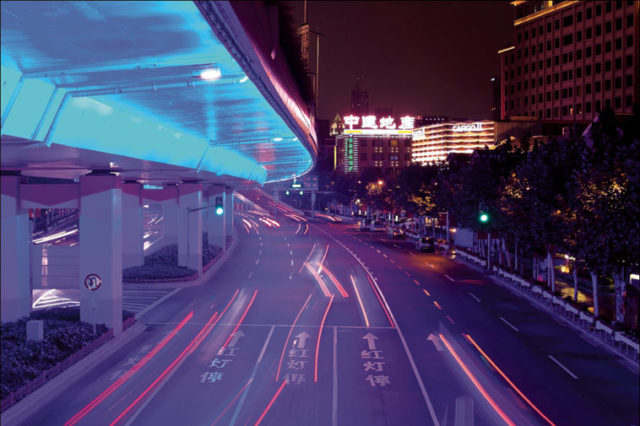 The Yan’an Elevated Road in Jing’an, Shanghai is illuminated with LEDs on Friday and Saturday nights. Photo: Robert S. Donovan