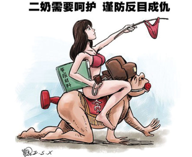 Cartoon in response to Liu Tienan’s downfall mainly caused by an extra-marital affair with a woman surnamed Xu. The title reads ‘Take care of your mistress and don’t make her an enemy’. Source: Baidu/D.S.X.