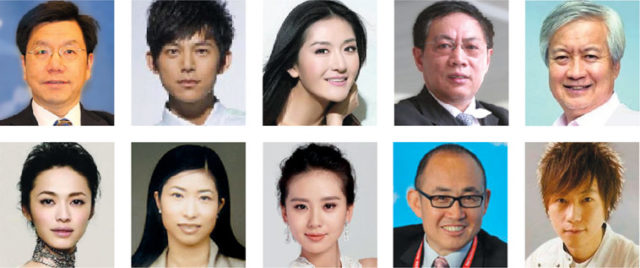 From left to right, top to bottom: Li Kaifu (Source: ITxinwen.com); He Jiong (Source: Advangent.com); Xie Na (Source: Guangming Online); Ren Zhiqiang (Source: Huaqi Business School); Charles Xue (Source: Truezhen IT); Yao Chen (Source: Herschina); Amy Cheung (Source: tkWin.com); Yang Mi (Source: Guangming Online); Pan Shiyi (Source: Xinhua); Ashin (Source: Star-Pedia.com)