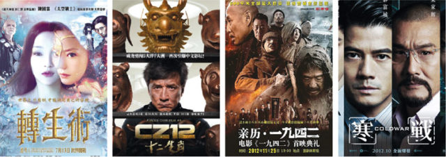 Film posters of top domestic films: Painted Skin; The Ressurection; CZ12; Back to 1942; Cold War. Sources: Qianqiandy.com, Fmoviemag.com, Wikimedia Commons, Wandafilm.