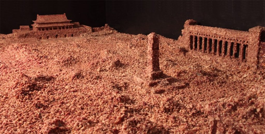 Guo Jian created a diorama of Tiananmen Square smothered in rotting meat to commemorate the twenty-fifth anniversary of the 1989 Protest Movement in Beijing. The artwork was not well received by the authorities Photo: Guo Jian