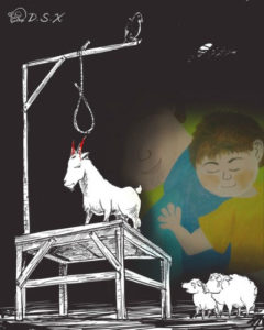 Anonymous cartoon posted on Weibo criticising Xia Junfeng’s execution. The background drawing was done by Xia’s son Source: executedtoday.com/tag/shenyang/