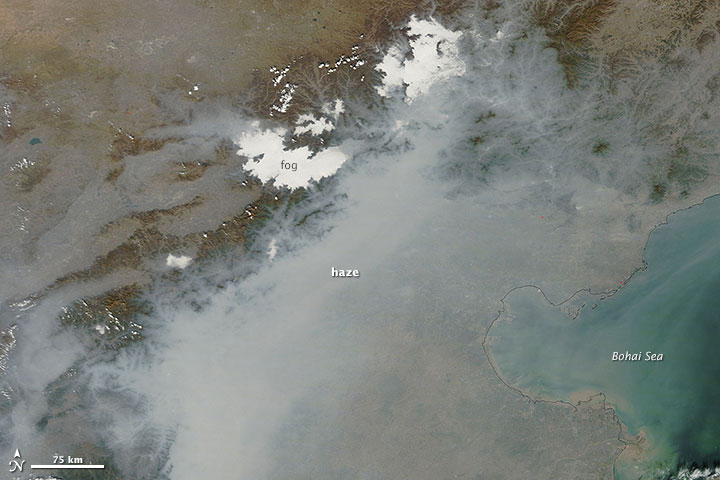 9 October 2014: Pollution from north-eastern China blows over the Bohai Sea on its way to Korea and Japan Source: earthobservatory.nasa.gov