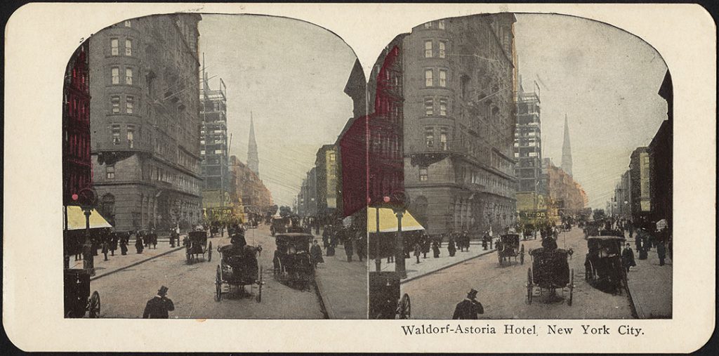 A postcard depicting the iconic Waldorf-Astoria Hotel in New York City c.1850–1920, which was acquired by the Beijing-based Anbang Insurance Group in 2014 Source: Harper Stereograph Collection, Boston Public Library, on Flickr